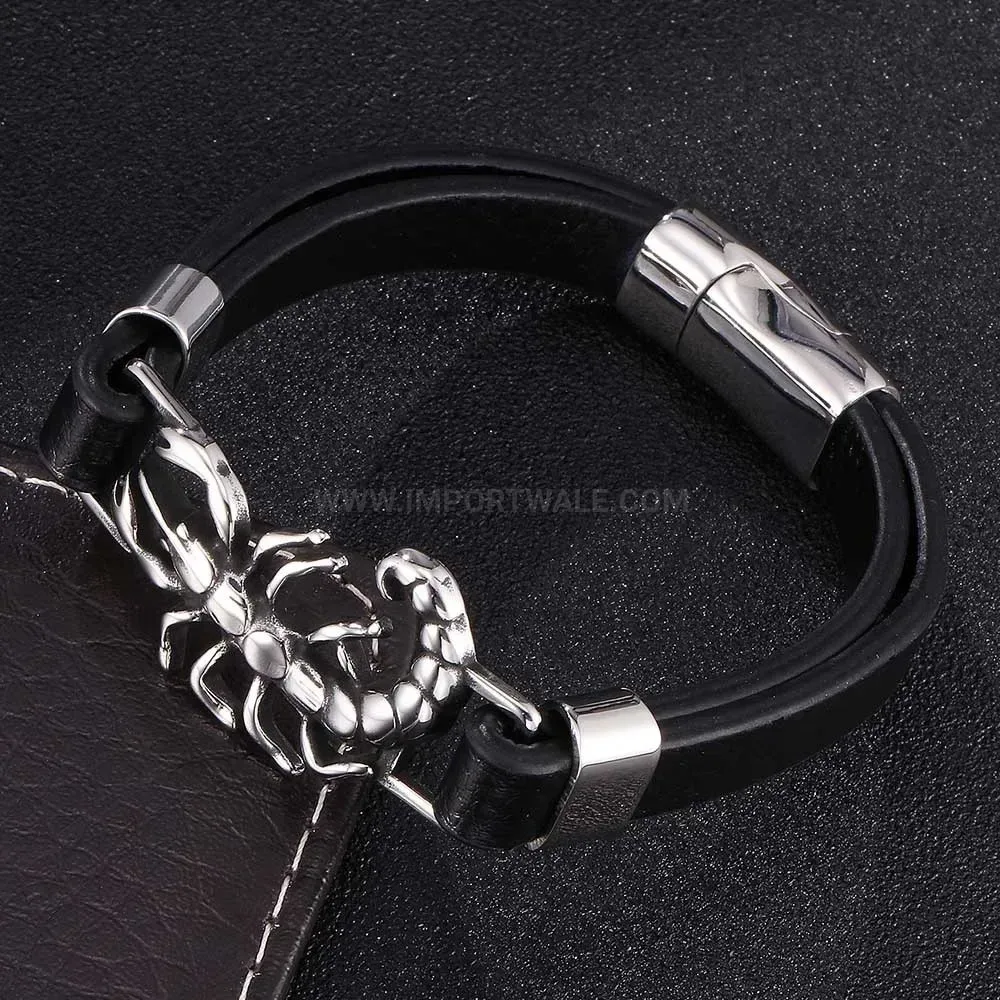 Woven Leather Bracelet with Stainless Steel Magnetic Scorpion Clasp