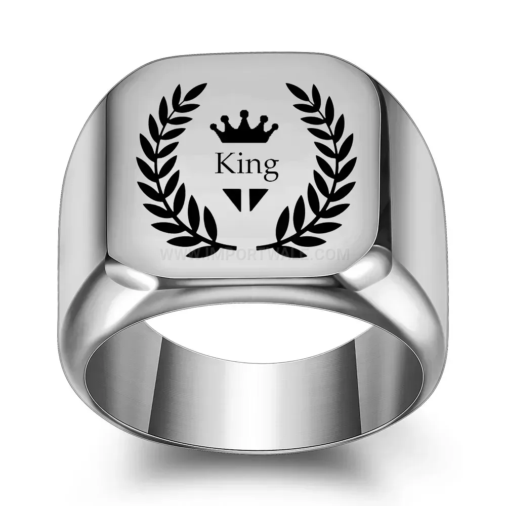 Elegant Engraved Leaf Crown Square Stainless Steel Signet Ring