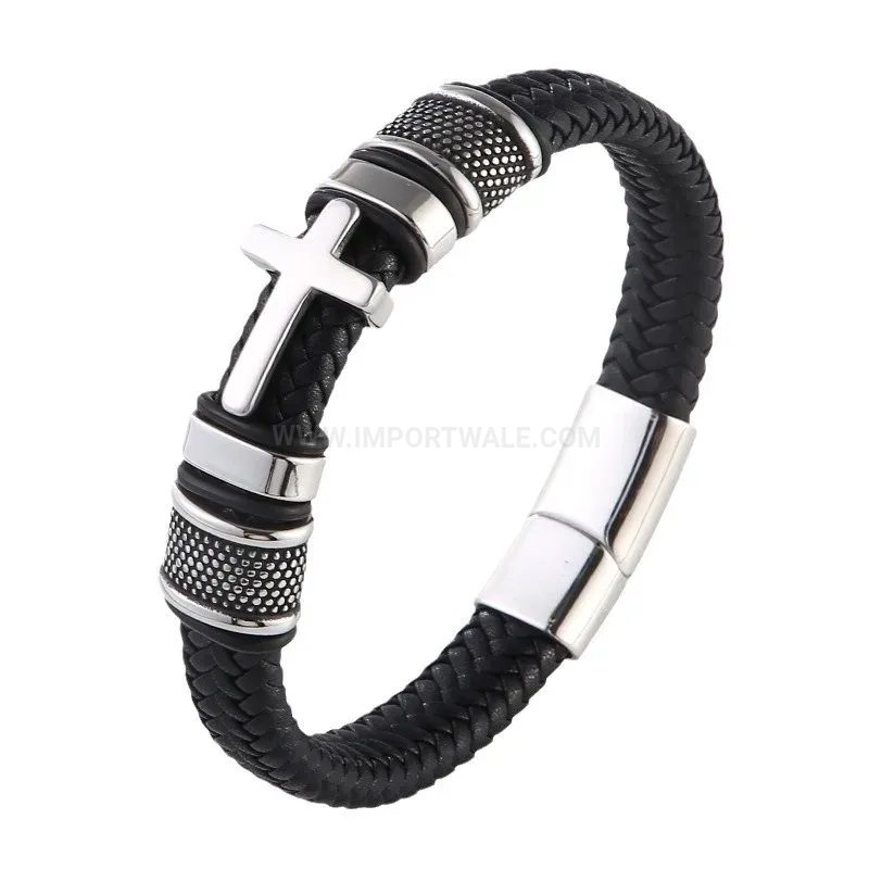 Designer Ankh Cross Braided Leather Stainless Steel Bracelet