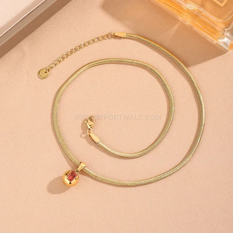 Vintage Red Crystal Sphere Pendant Stainless Steel Necklace