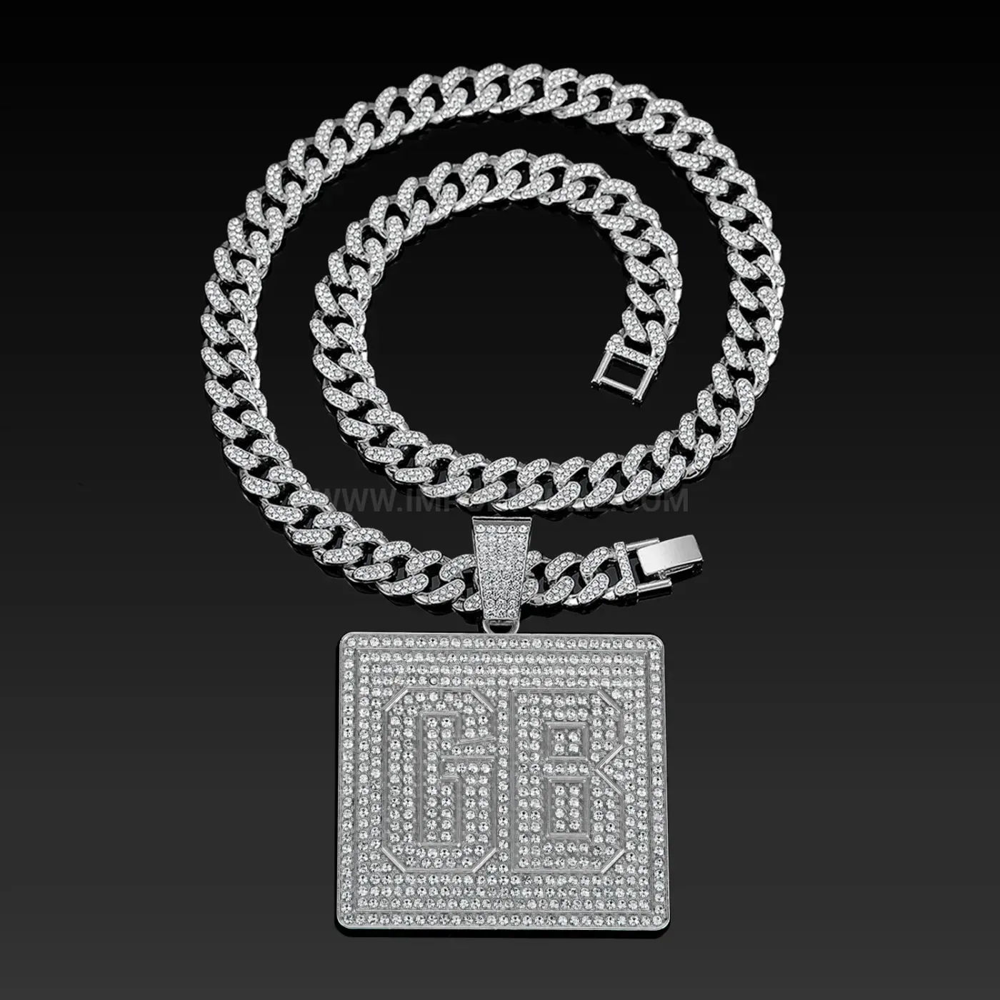 Modern Oversized Square GB Letter Rhinestone Pendant Cuban Necklace