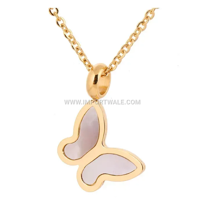 Gold Stainless Steel Shell Inlaid Butterfly Pendant Necklace