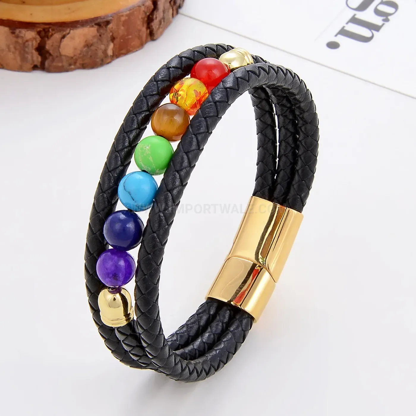 Colorful Stone Beaded Leather Rope Bracelet with Magnetic Clasp