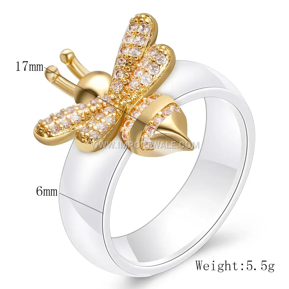 Bee Motif Micro-Pave Zirconia Polished Ceramic Band Ring