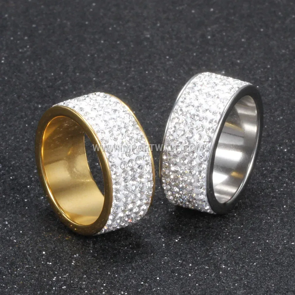 Five-Row Crystal Embedded Stainless Steel Statement Band Ring