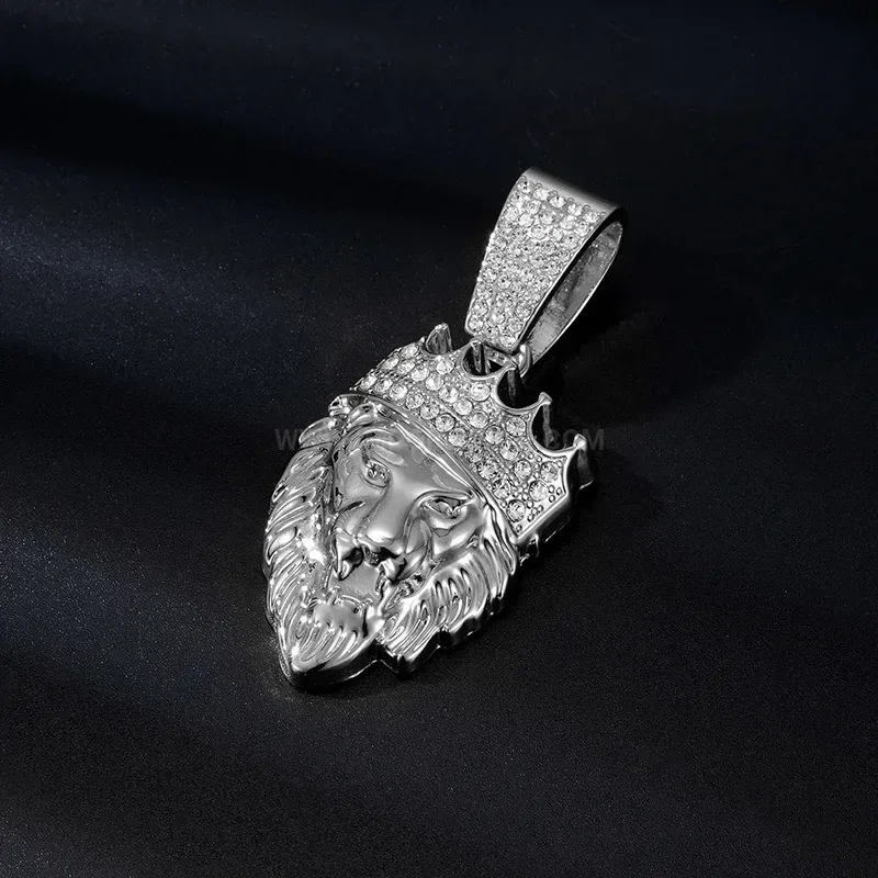 Bold Iced Out Crowned Lion Head Alloy Pendant