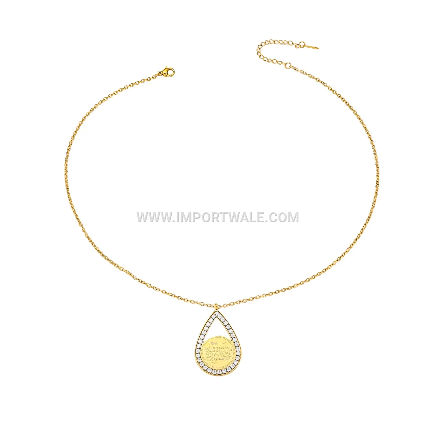 Stainless Steel Ayatul Kursi Calligraphy Teardrop Pendant Necklace With Zircon