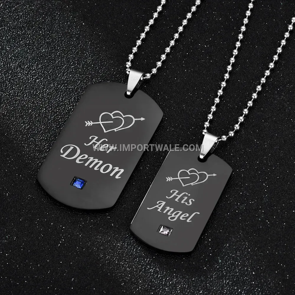 Stainless Steel Couples Dog Tag Pendant with Pink Crystal Accent