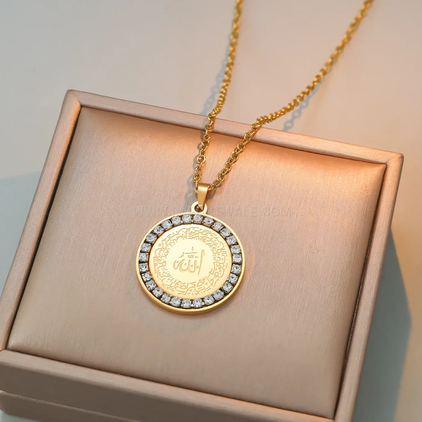Gold Plated Stainless Steel Allah Inscription Pendant Necklace With Zircon Accent