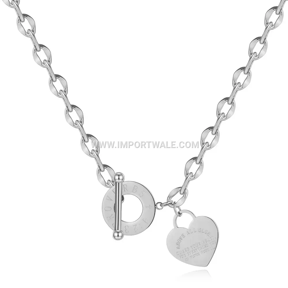 Hollow Heart Roman Numerals OT Clasp Stainless Steel Necklace