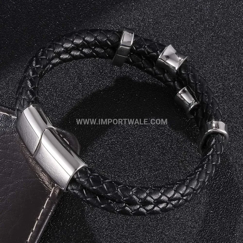 Braided Leather Multi Layer Stainless Steel Magnetic Bracelet