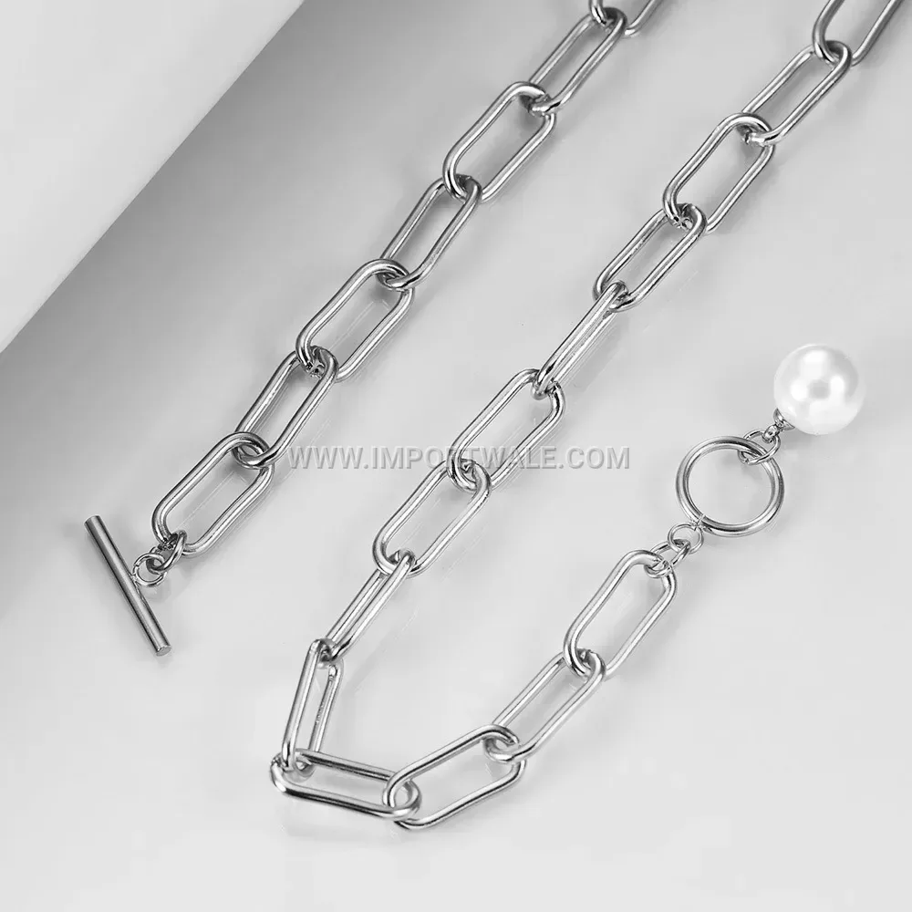 Minimalist Stainless Steel Safety Pin Necklace with Faux Pearl Pendant
