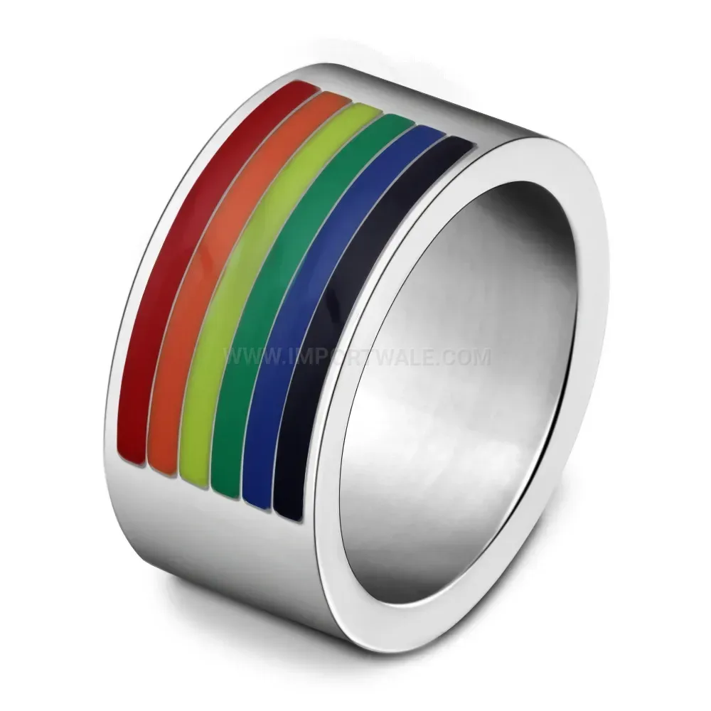 Modern Vibrant Rainbow Epoxy Stainless Steel Wide Band Ring