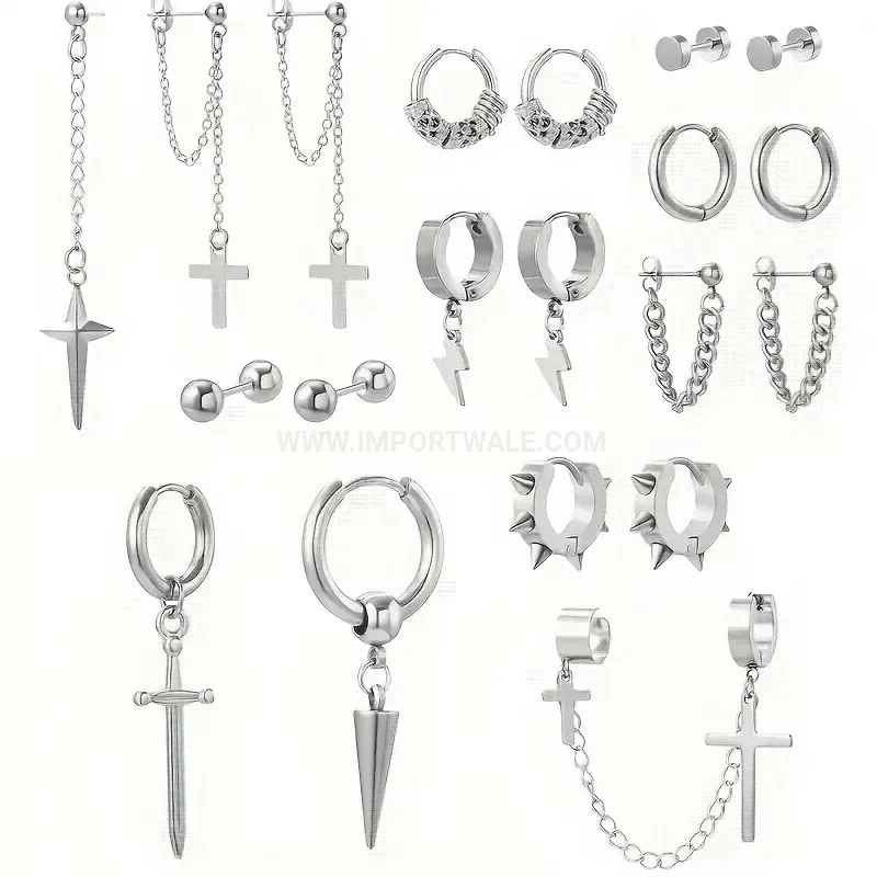 Premium Stainless Steel Dangle Chain Piercing Hoop Earring Set