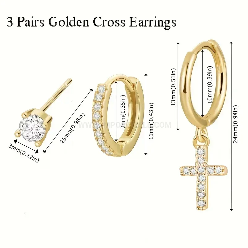 Bold Vintage Stainless Steel Rhinestone Cross Hoop Ear Cartilage Piercing Set