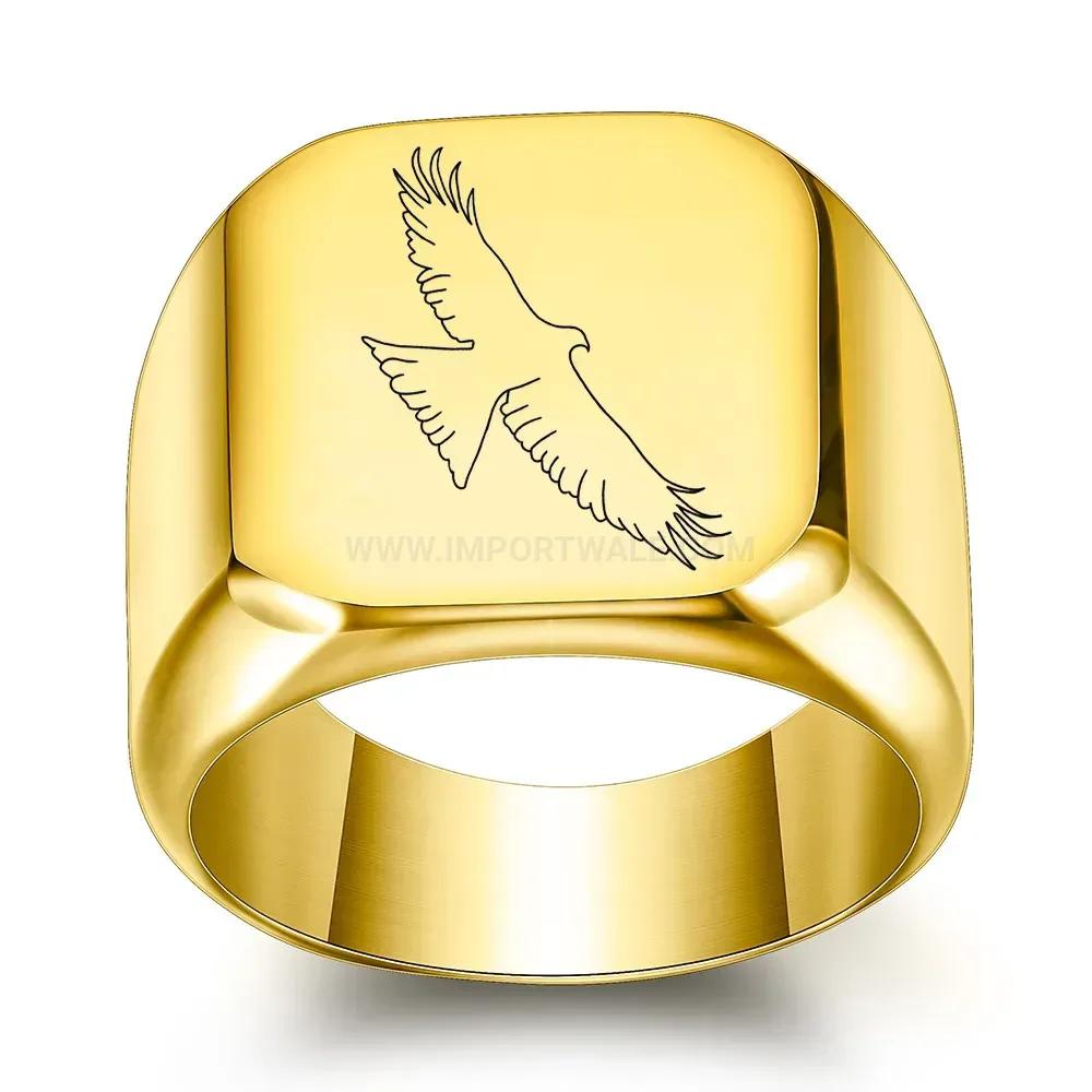 Elegant Eagle Laser Engraved Stainless Steel Square Signet Ring