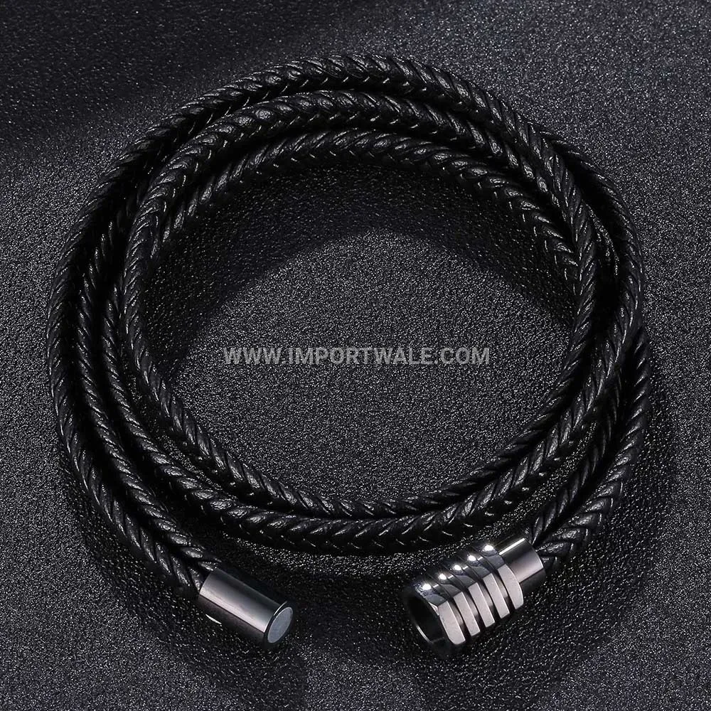 Double Wrap Braided Black Leather Steel Cuff Bracelet