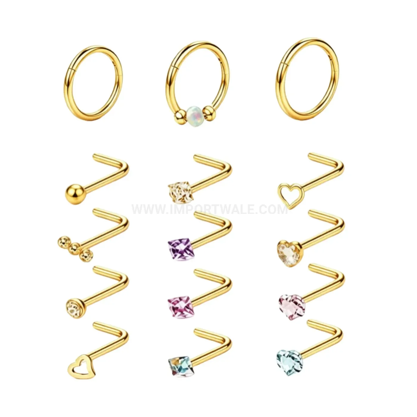 Stylish Stainless Steel Colorful Cubic Zirconia L Shape Nose Stud and Hoop Set