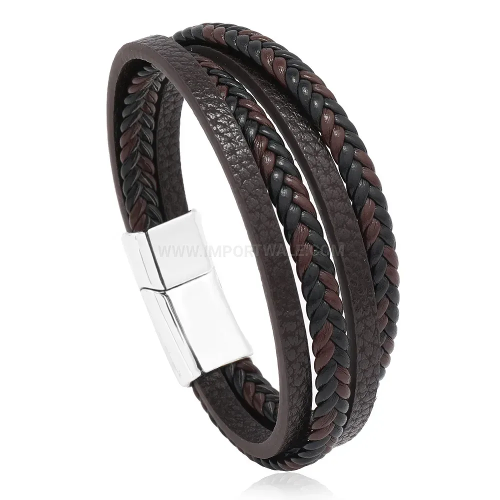 Stylish Handcrafted Braided Leather Wristband With Alloy Magnetic Clasp