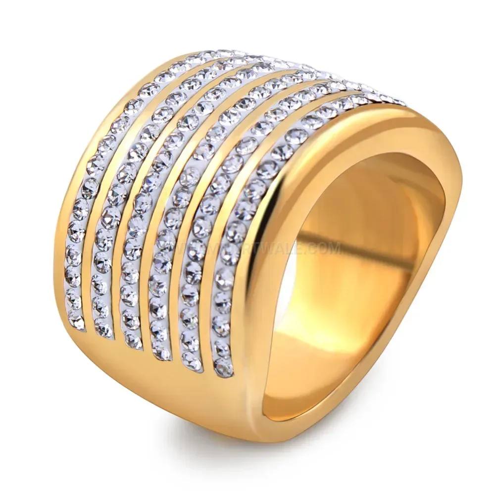 Gold Plated Vintage Six Row Crystal Stainless Steel Ring