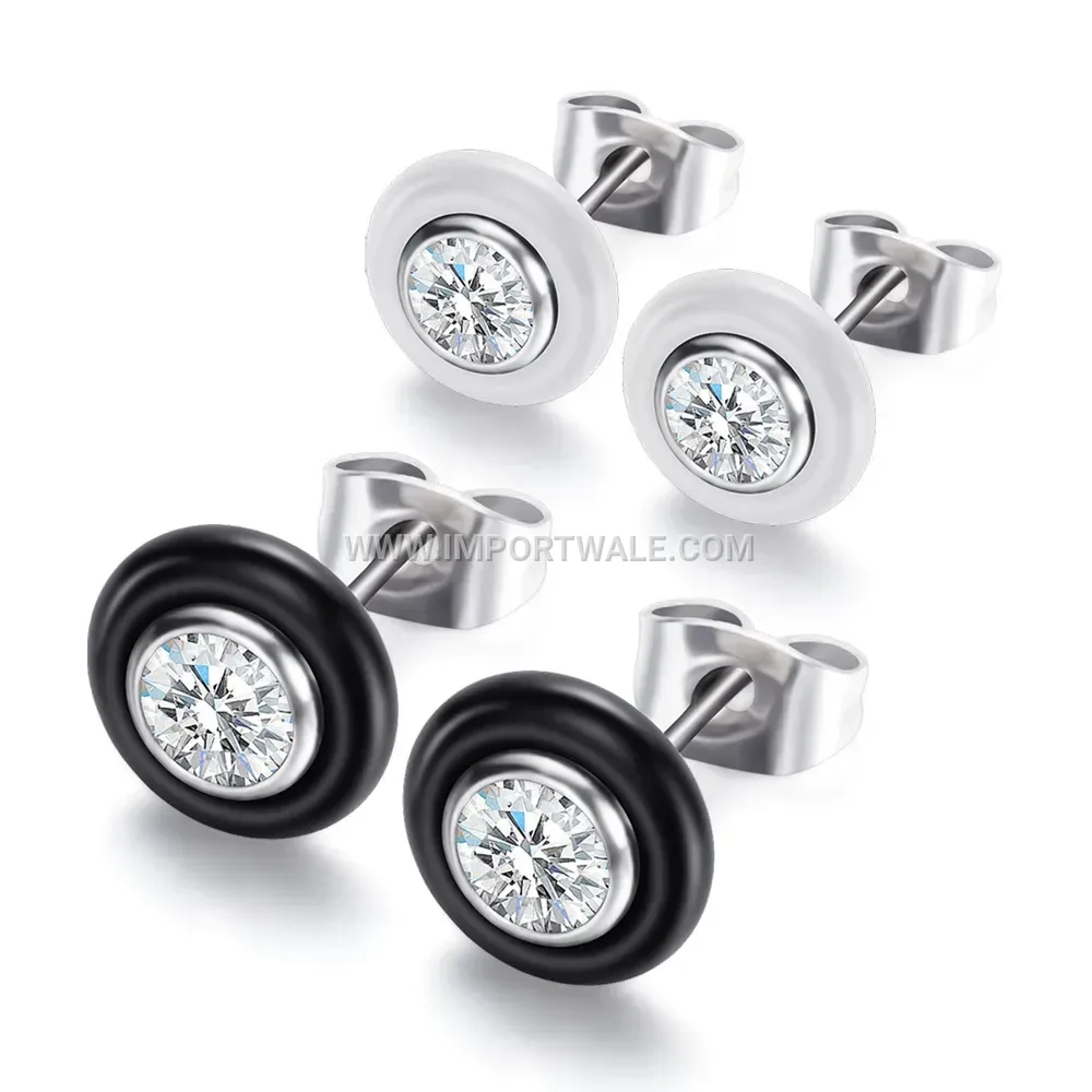 Minimalist Ceramic and Cubic Zirconia Stainless Steel Stud Earrings