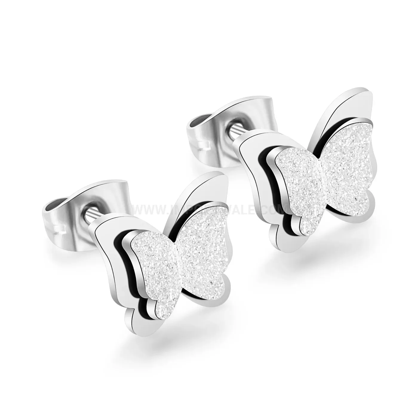 Trendy Double-Layer Frosted Butterfly Titanium Stainless Steel Stud Earrings
