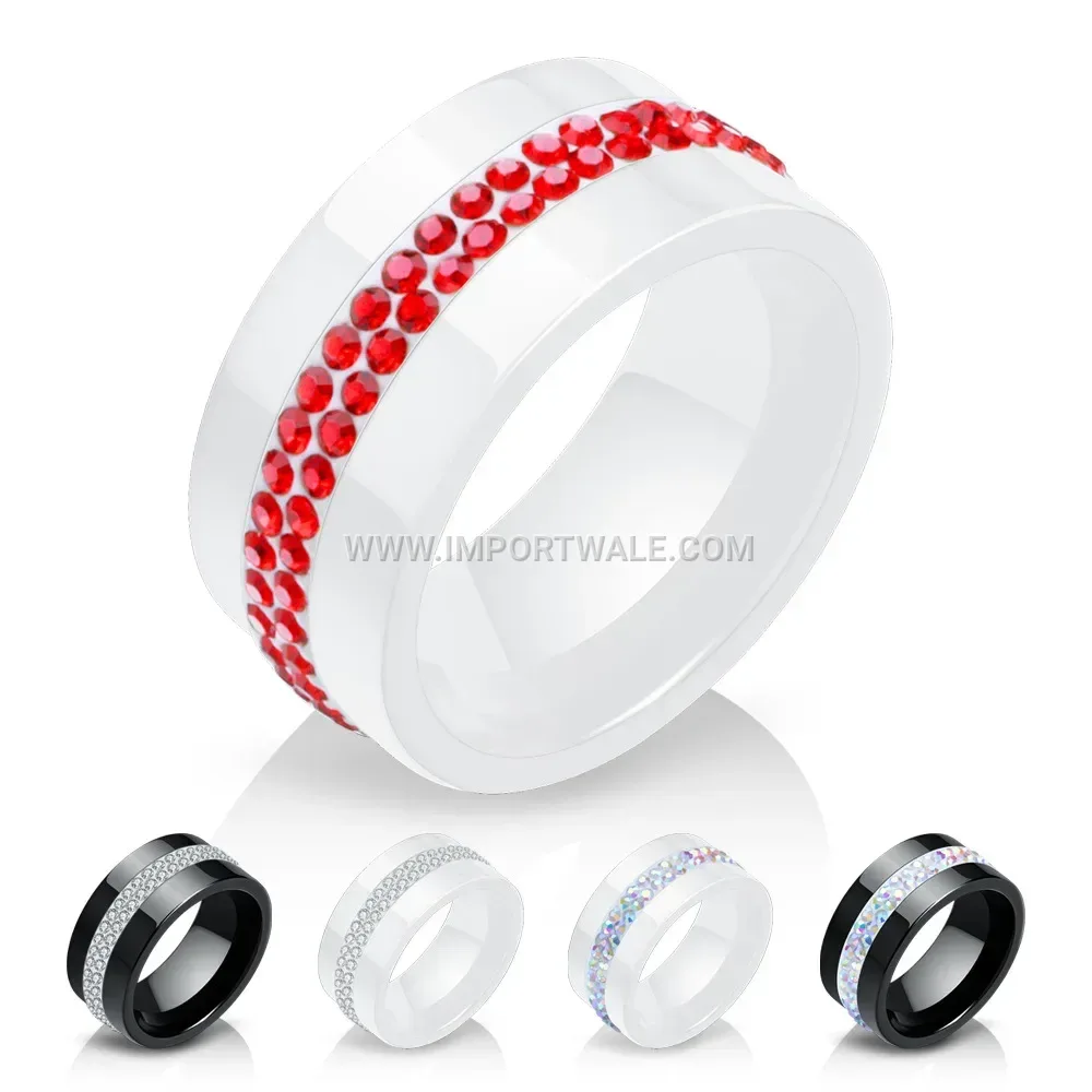 Double-Row Crystal Inlaid 10mm Wide Ceramic Ring