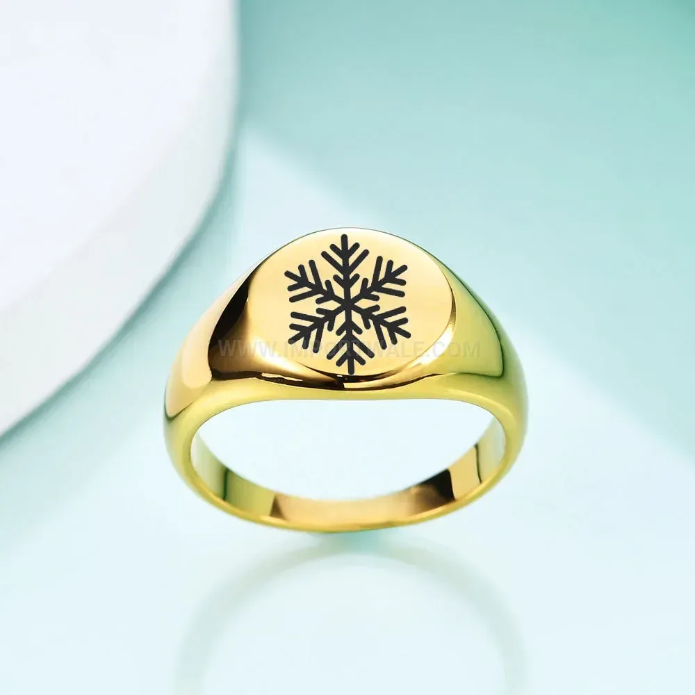 Chic Laser Engraved Snowflake Stainless Steel Round Signet Ring