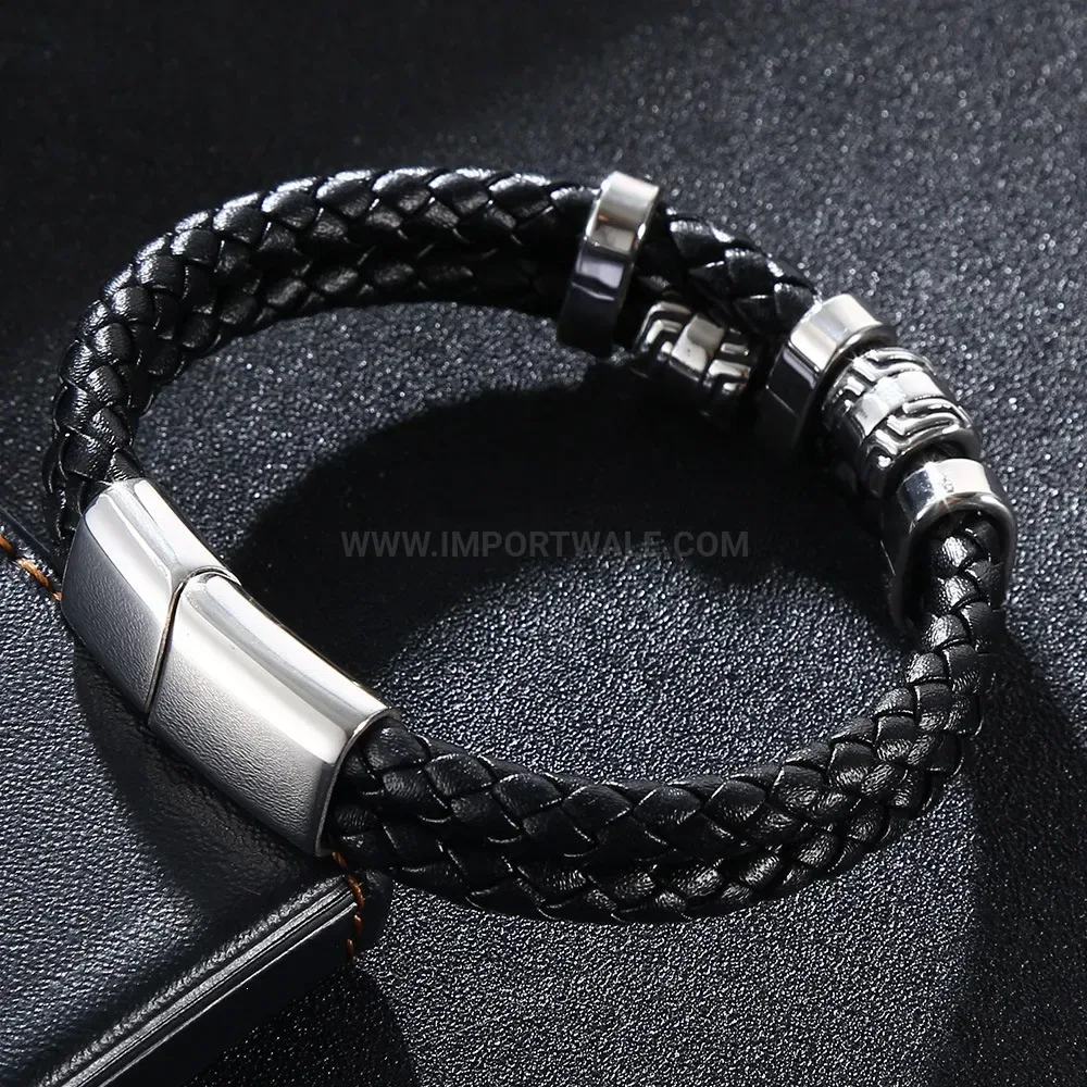 Multi Layer Braided Leather Stainless Steel Bracelet
