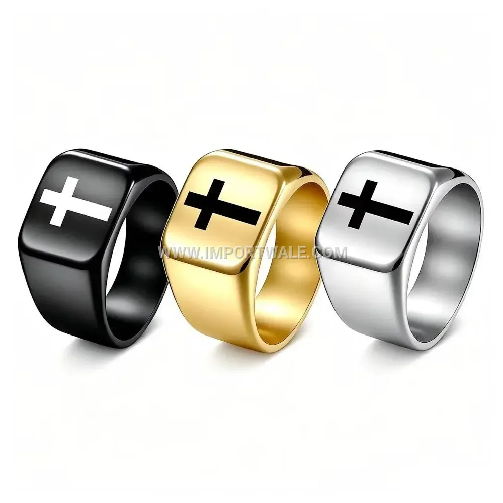 Engraved Cross Square Signet Ring in Stainless Steel