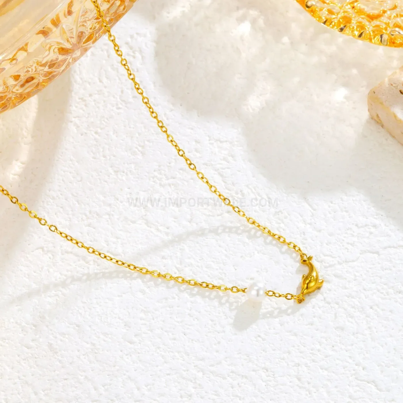 Gold Titanium Steel Dolphin Pendant Cable Chain Necklace