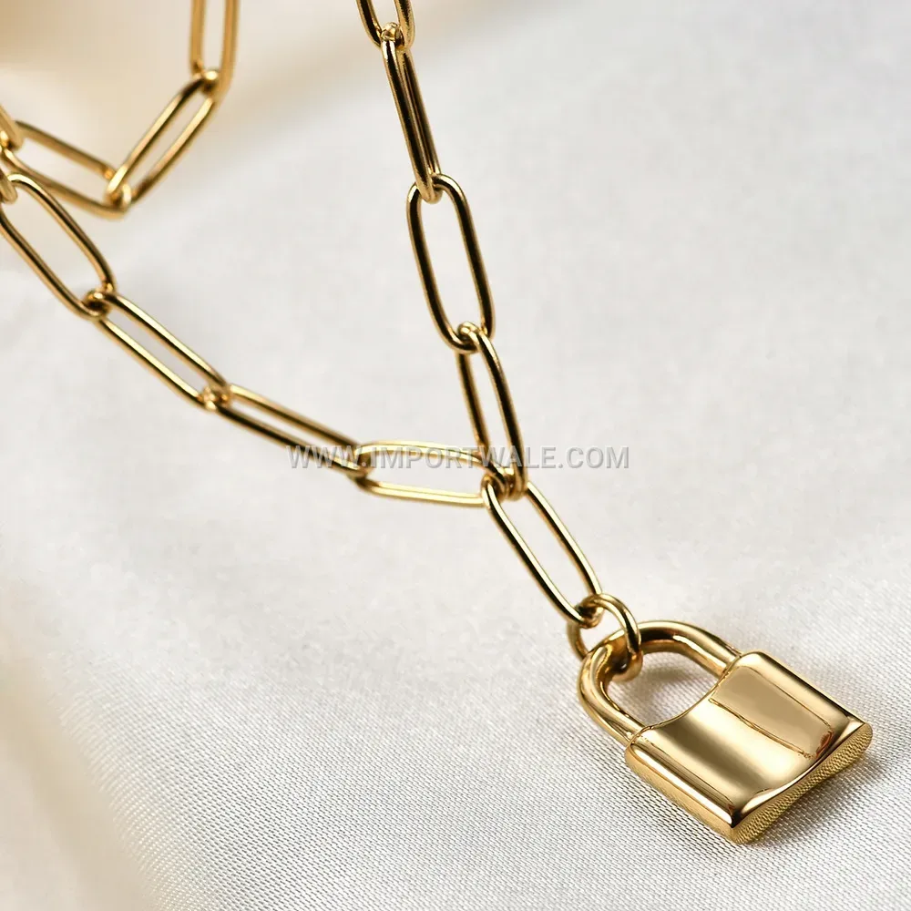 Stainless Steel Flat Cable Chain Padlock Pendant Necklace
