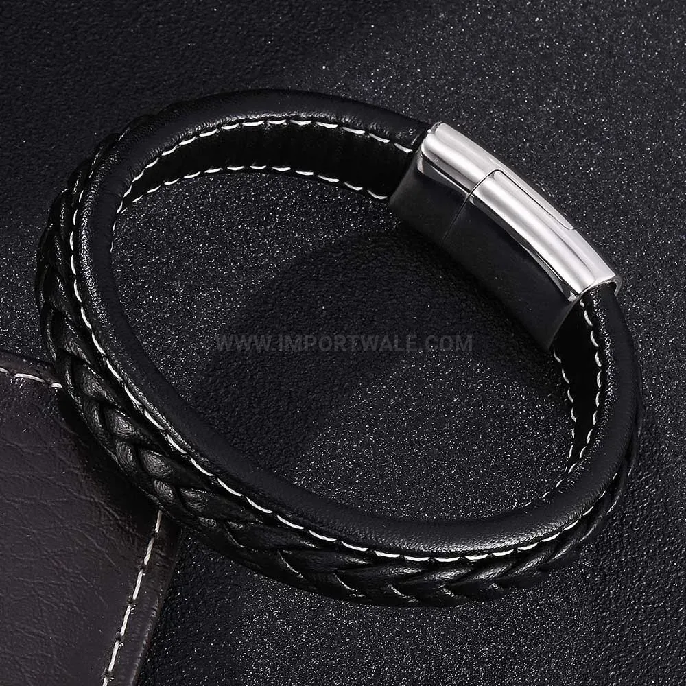Braided Black Leather Buddha Head Stainless Steel Magnetic Clasp Bracelet