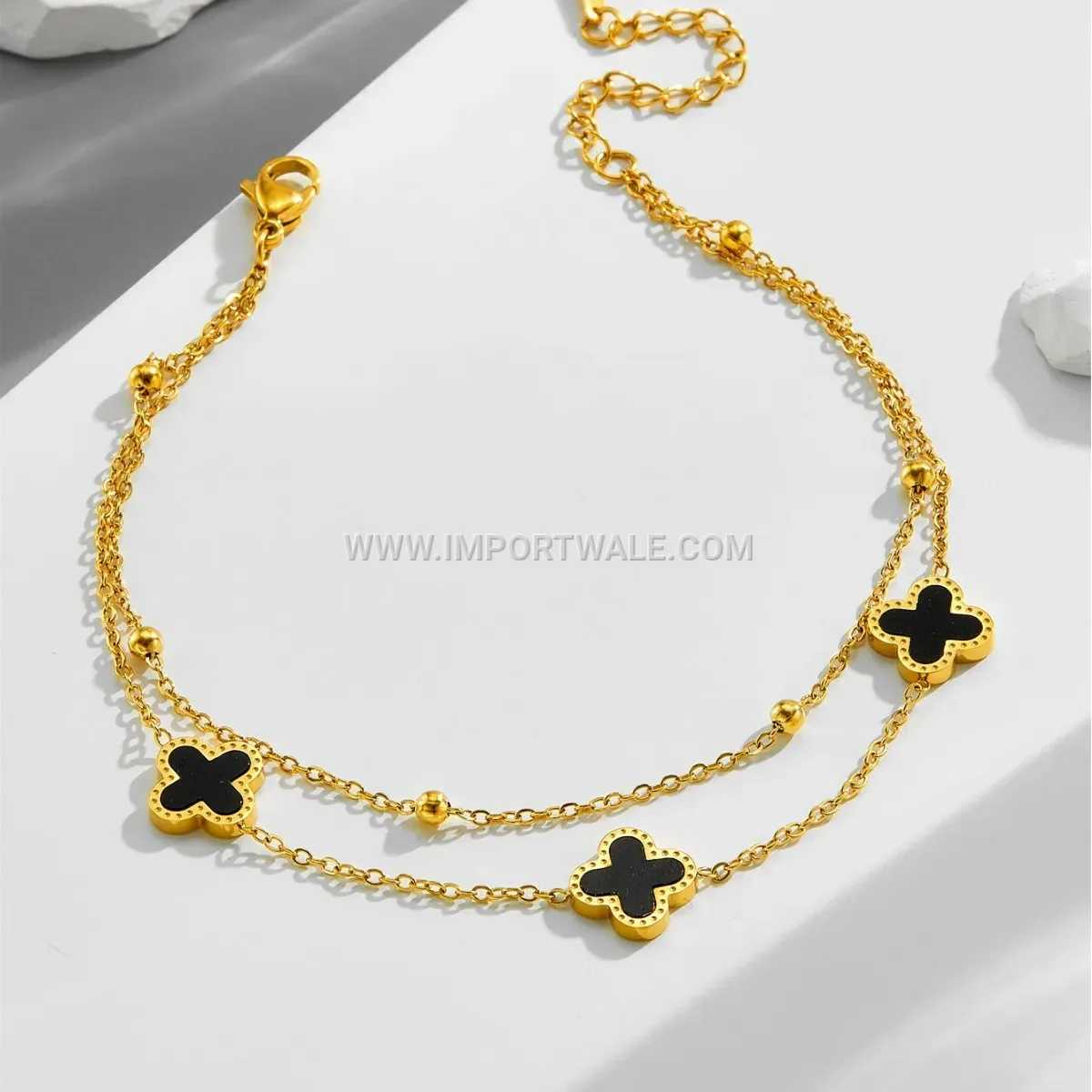 Double Layer Four Leaf Clover Gold Toned Premium Anklet Anti Tarnish
