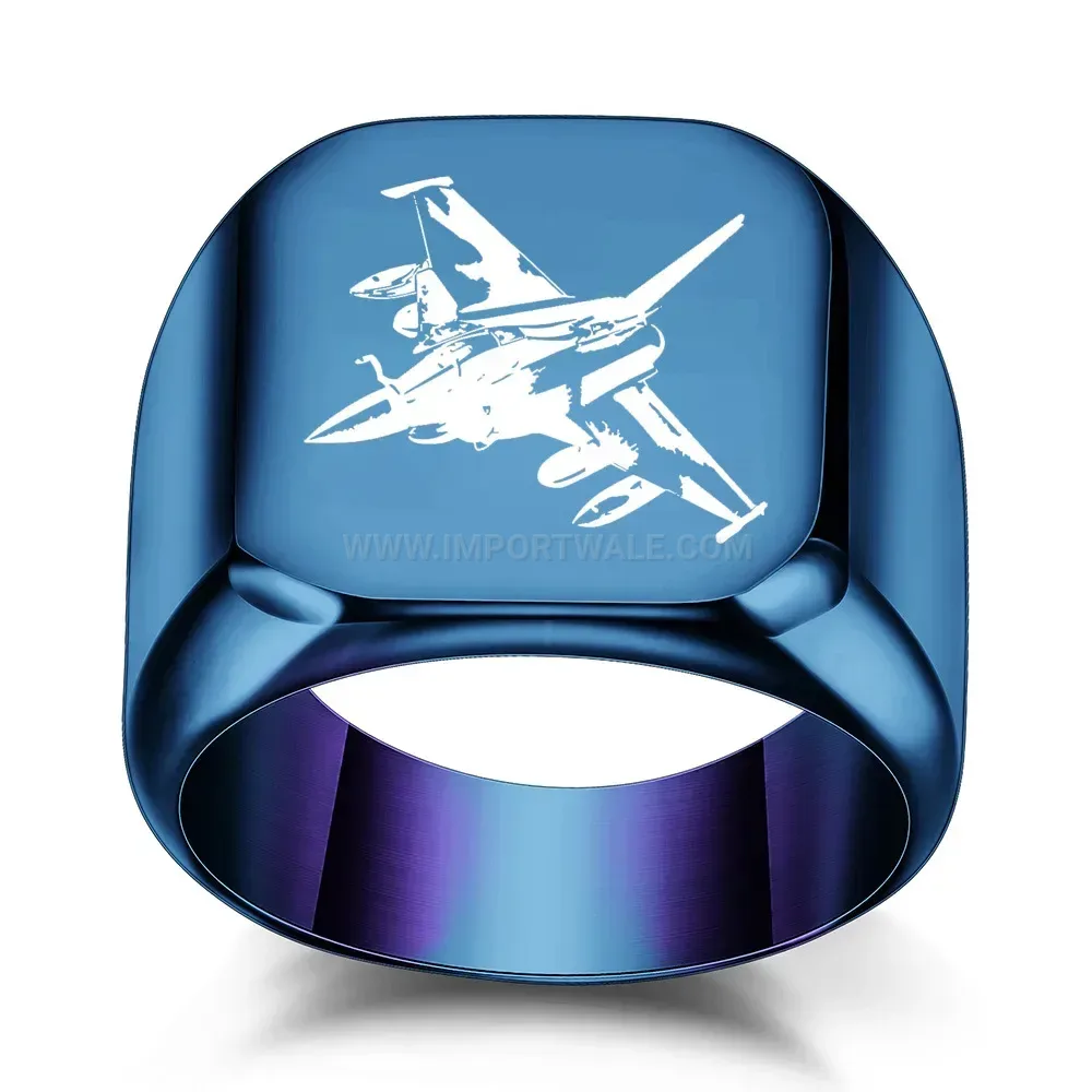 Modern Engraved Fighter Jet Square Stainless Steel Signet Ring