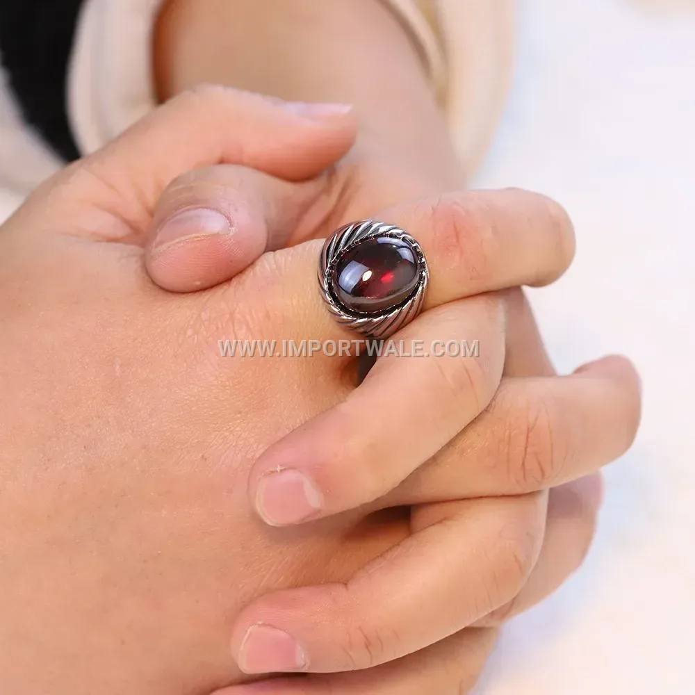 Retro Striped Stainless Steel Gemstone Ring