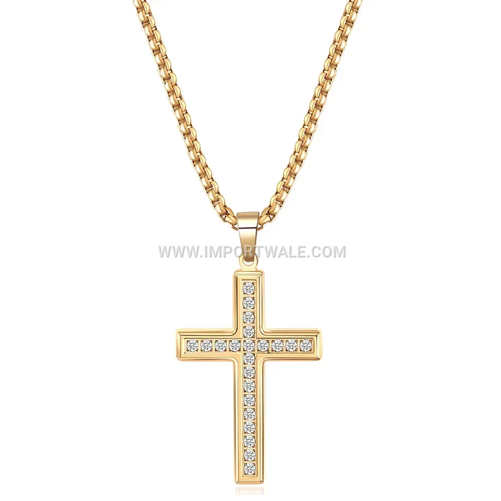 Rhinestone Embellished Stainless Steel Cross Pendant Necklace
