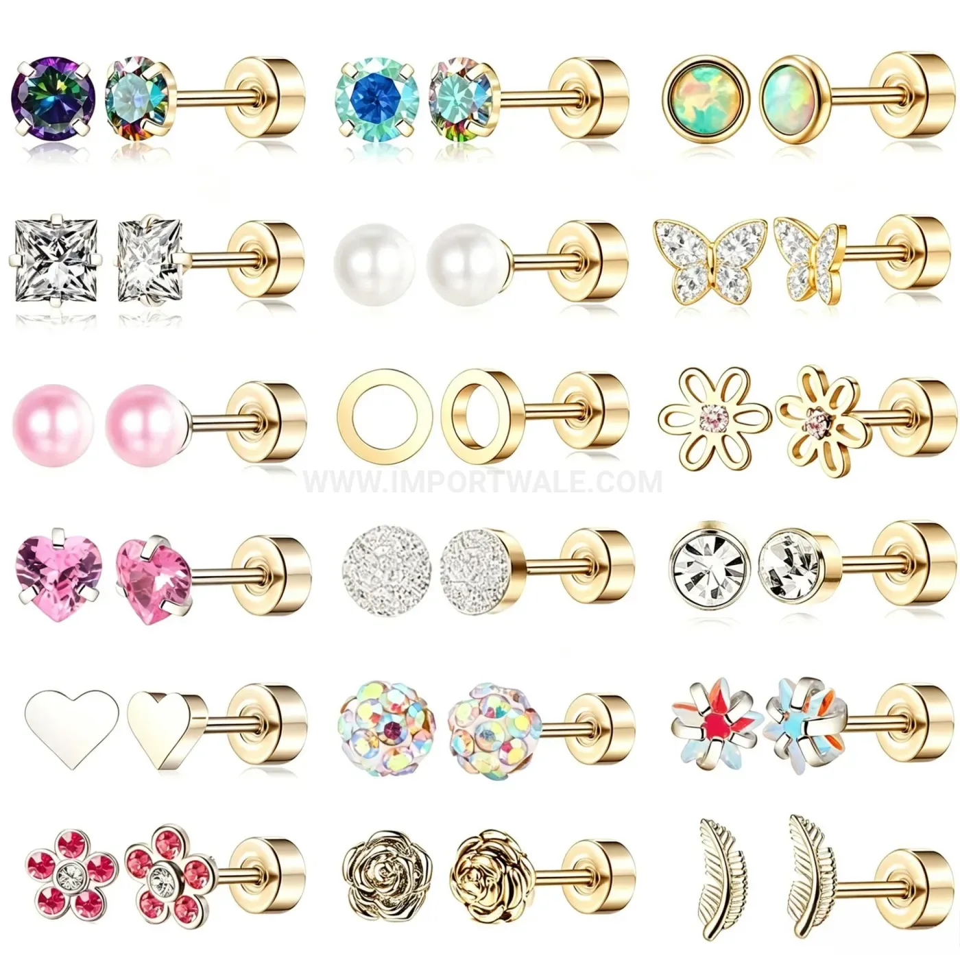 Fashion Stainless Steel Colorful Crystal Heart Flower Flat Back Earring Set
