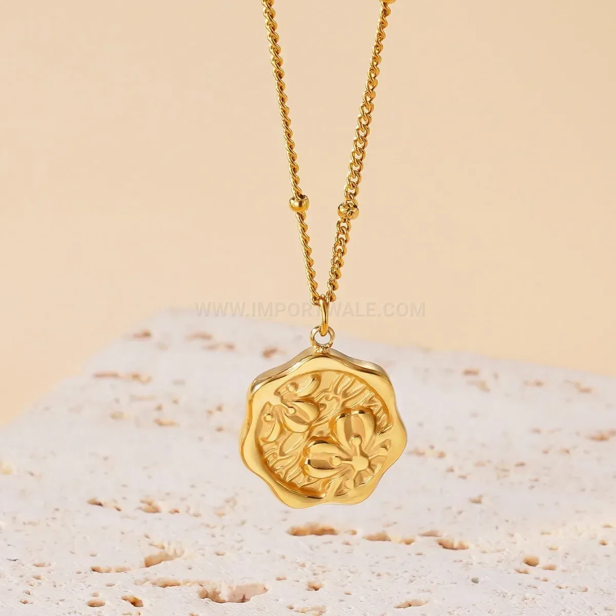Classic Gold Plated Titanium Steel Floral Tag Pendant Necklace