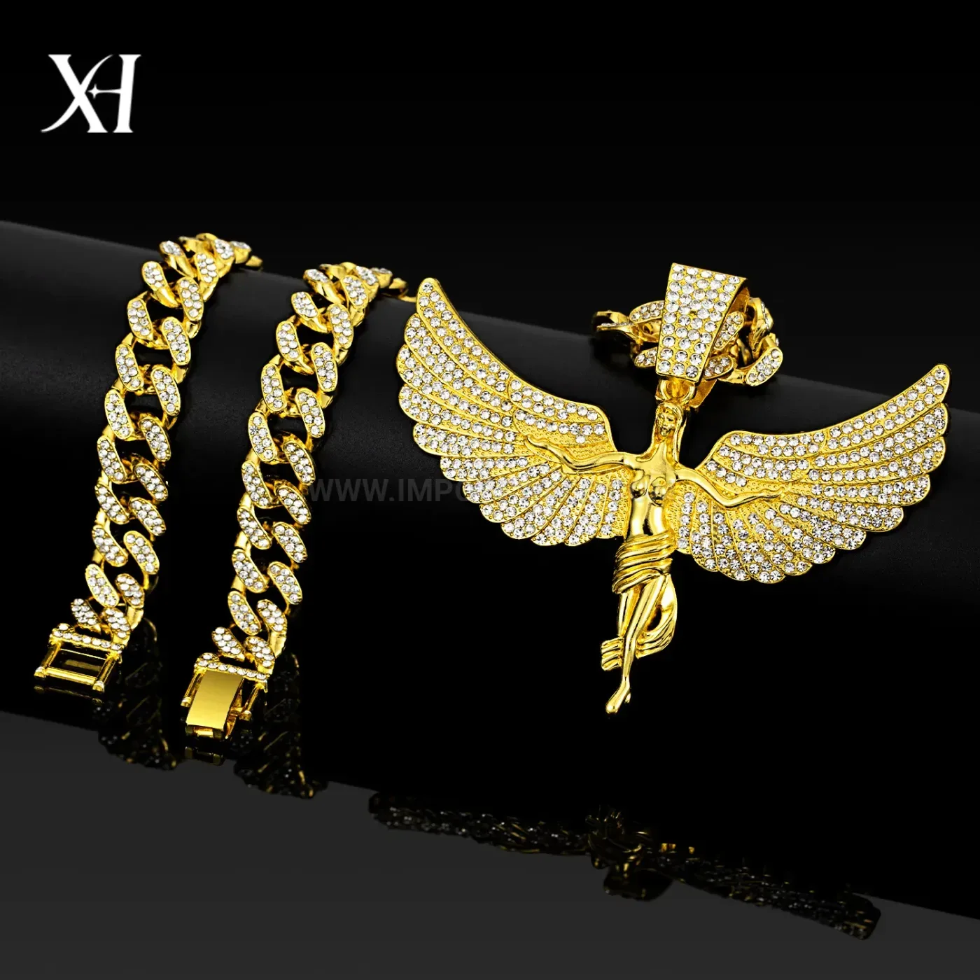 Rhinestone Angel Wings Alloy Hip Hop Pendant Chain