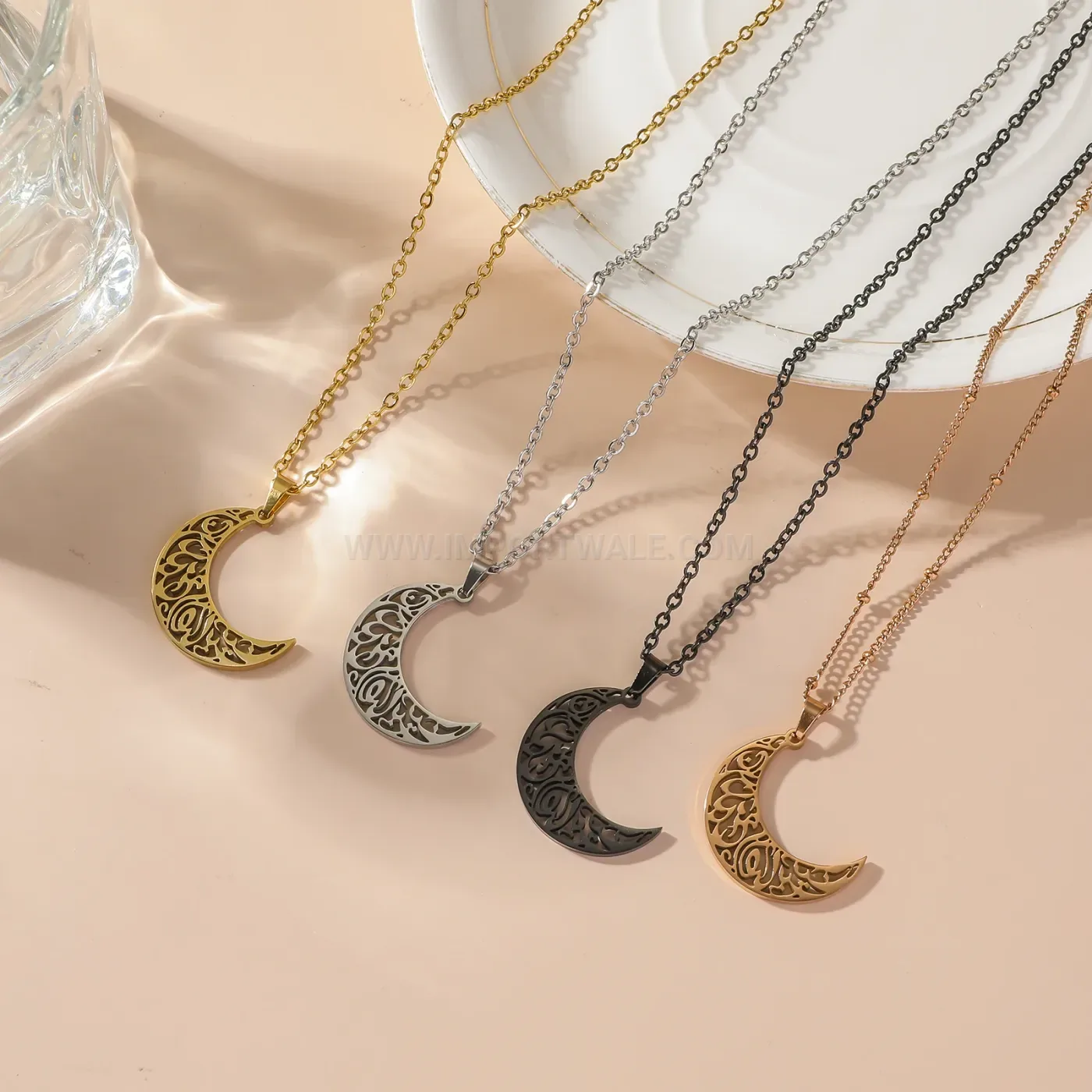 Stylish Crescent Moon Sabr Calligraphy Stainless Steel Pendant Necklace