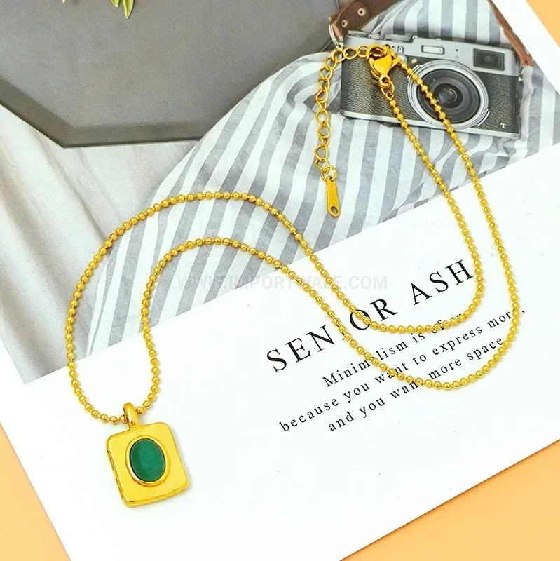 Stylish Titanium Steel Geometric Square Tag Necklace with Green Zircon Pendant