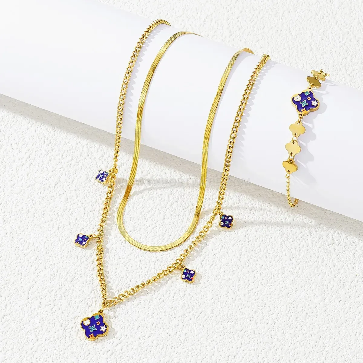 Modern Enamel Floral Titanium Steel Layered Necklace and Bracelet Jewelry Set