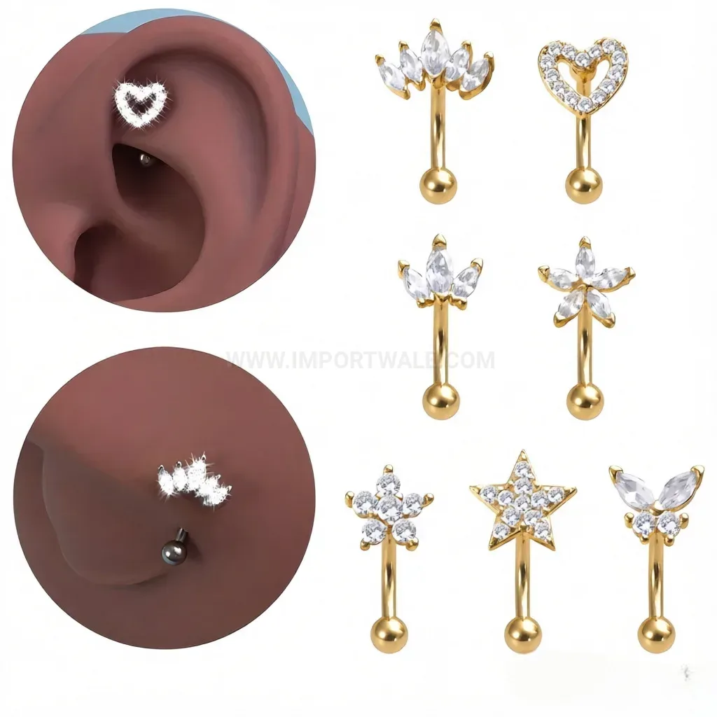 Bold Curved Stainless Steel Crystal Eyebrow and Cartilage Stud