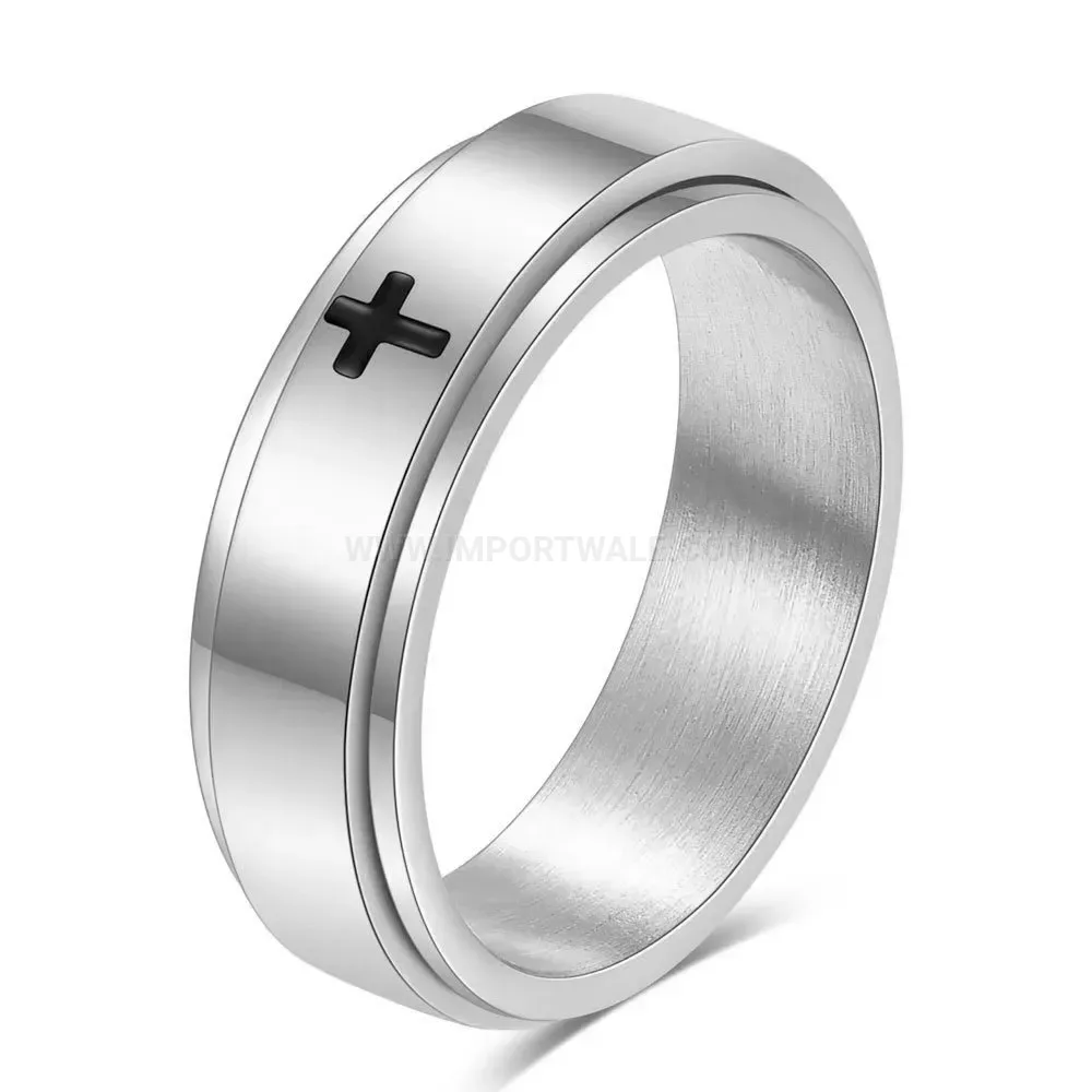 Polished Cross Engraved Stainless Steel Spinner Band Ring