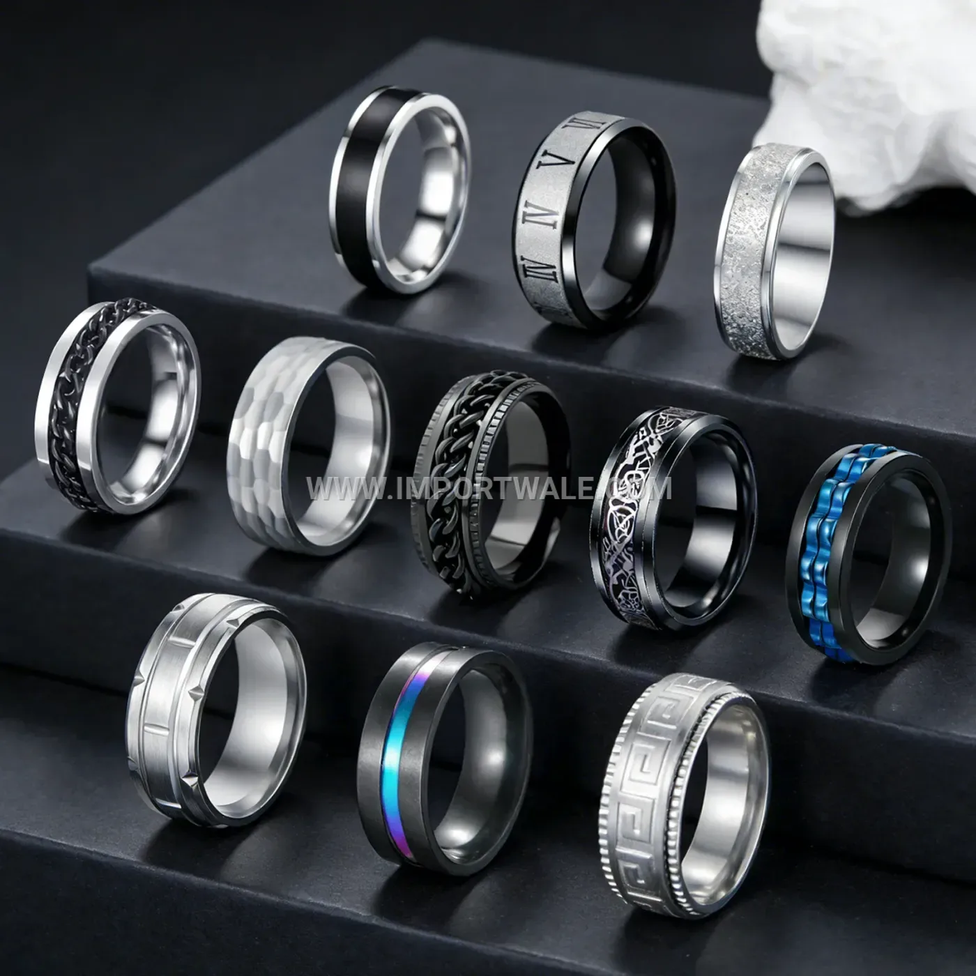 Rotating Chain Stainless Steel Geometric Ring Set