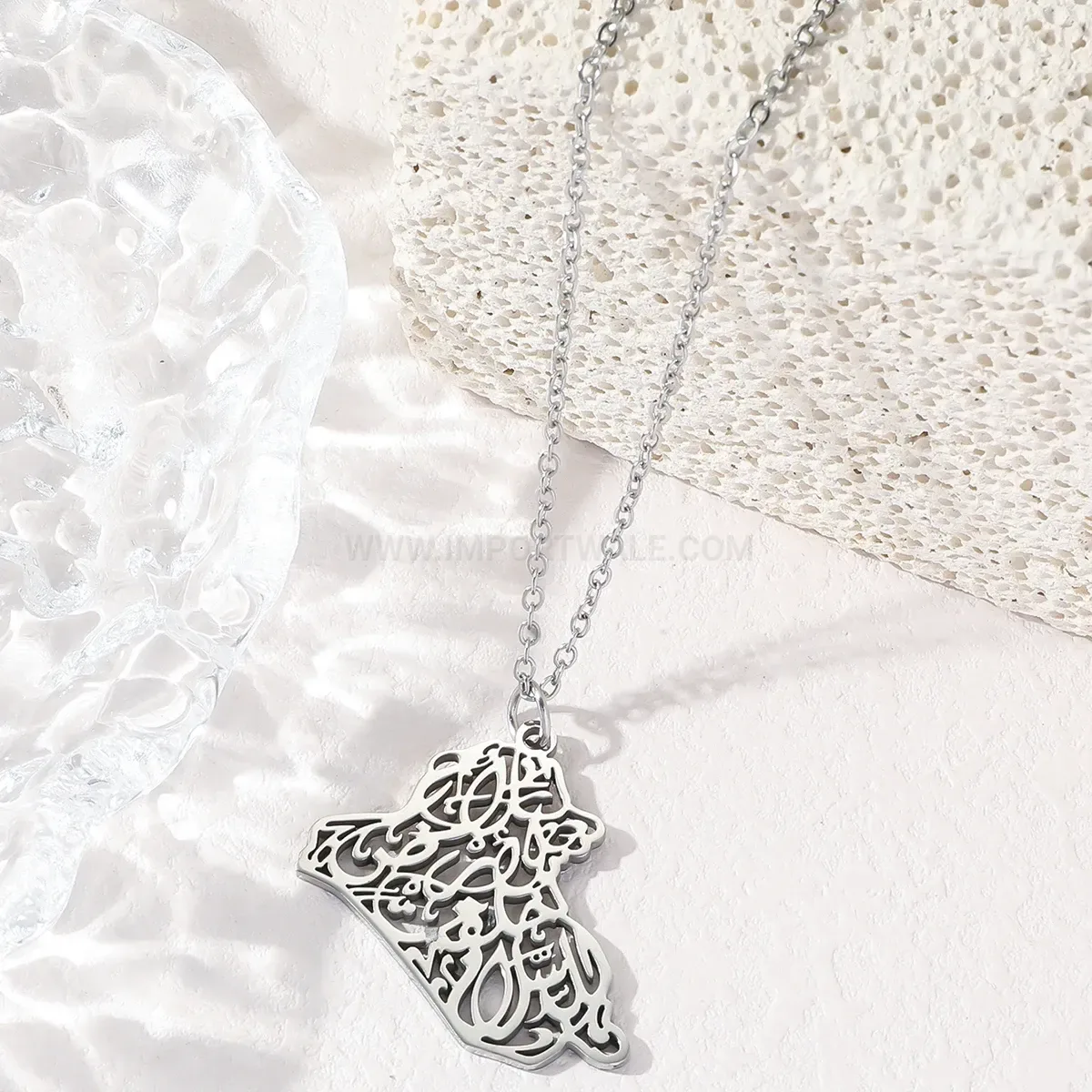 Bold Stainless Steel Iraq Map Arabic Pendant Necklace