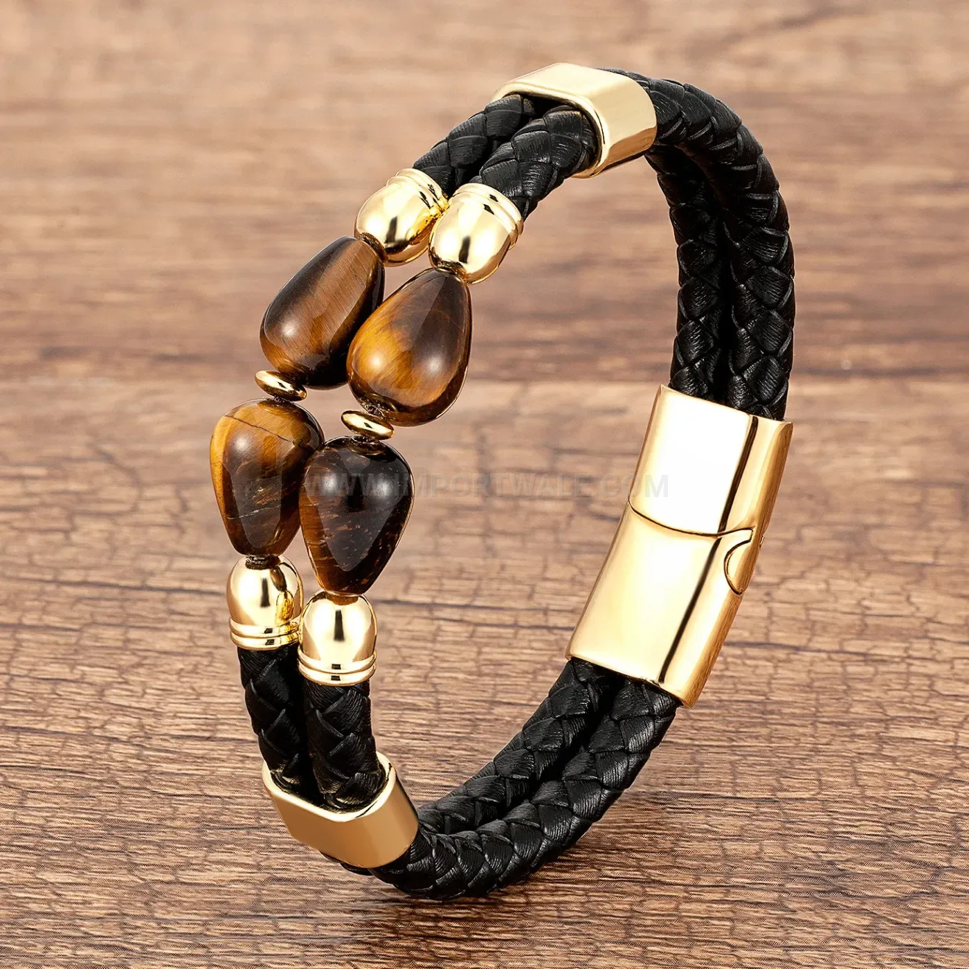 Braided Leather Stone Bracelet with Stainless Steel Clasp