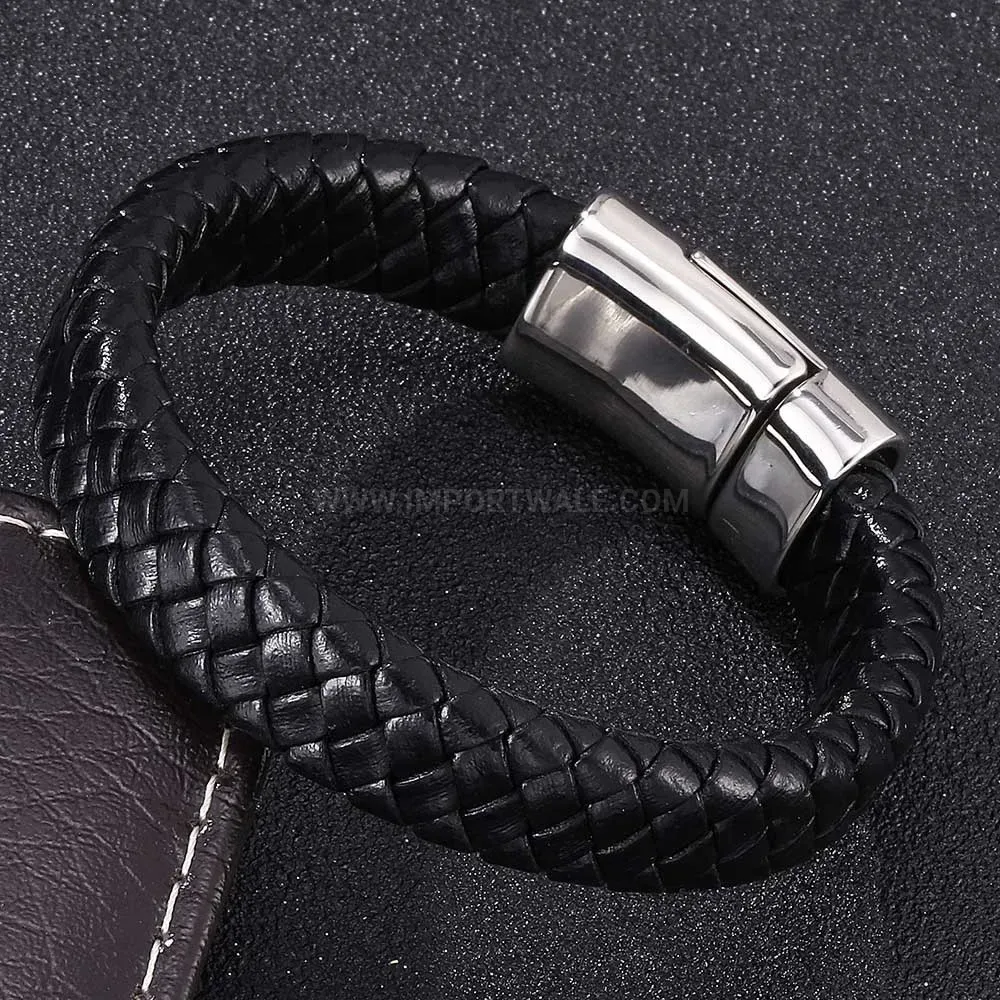 Braided Leather Stainless Steel Magnetic Clasp Punk Wolf Bracelet