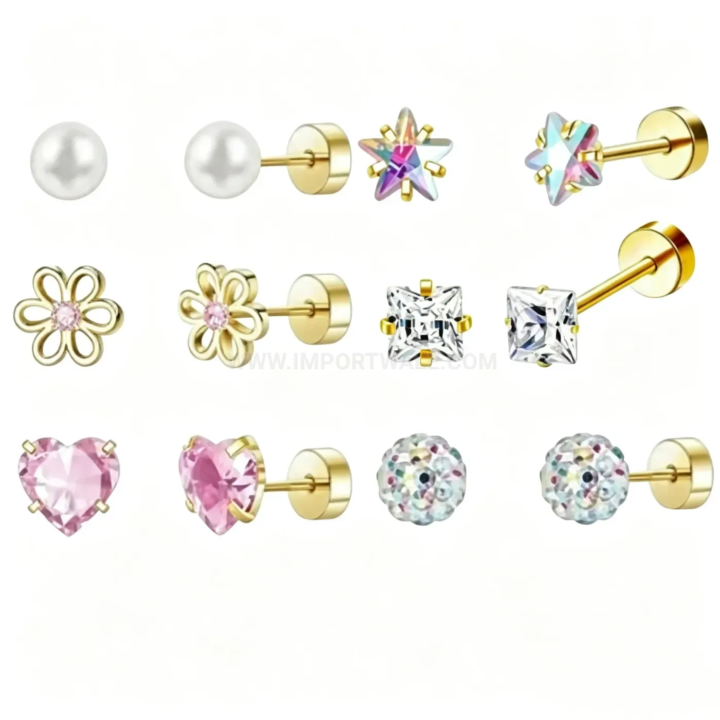 Modern Six-Piece Stainless Steel Pearl Heart Star Flat Back Earring Set